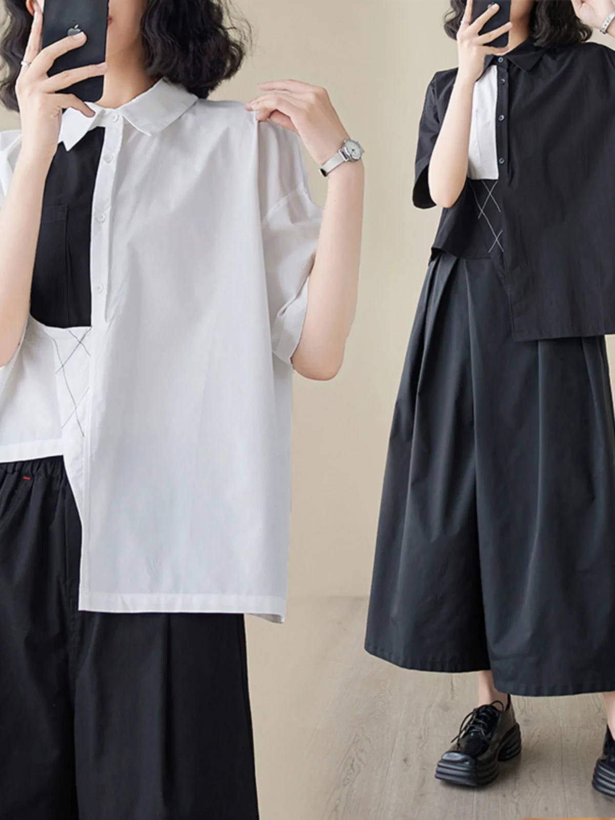 Tannt Women Shirt Asymmetry Short Sleeves Color Matching Casual Shirts Blouses Irregular Black White Loose Blouses Tops 2024 New