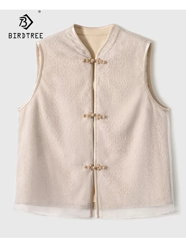 

BirdTree, 100%Mulberry Silk Retro Vest, Women Sleeveless Lace, Chinese Style OL Commute Vest Top, 2024 Spring Summer C44034QC