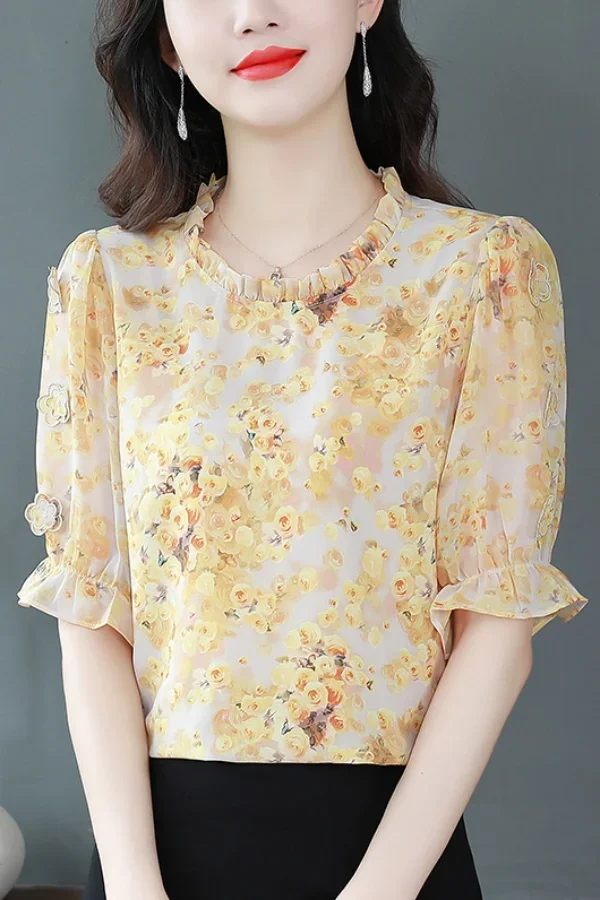 

Women's Short-sleeved Top New Fashionable and Age-reducing Temperament Floral Chiffon