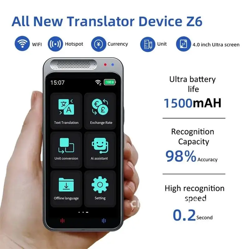 Z6 Translator Machine 138 Languages Intelligent Translate Real-time Voice Recording Text Translation Device 4.1-inch Widescreen