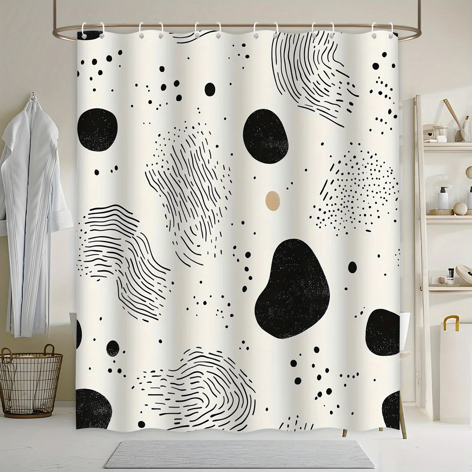 

Contemporary Abstract Bath Curtain - Geometric Black Shapes on Cream, Hand-Drawn Texture, Modern Art Style, Polyester