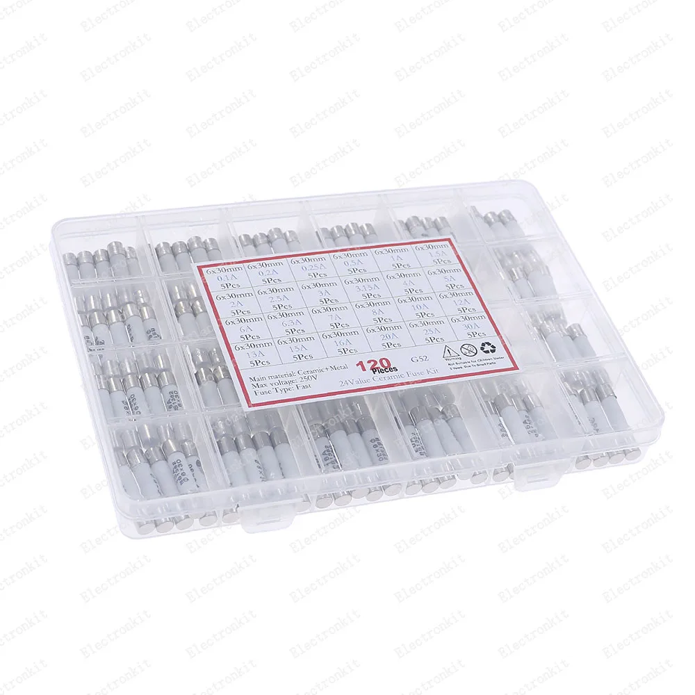 Kit de caja de fusibles de cerámica de soplado rápido, 120 piezas, 24 valores, 6x30mm, 250V, 0.1A, 0.2A, 0.5A, 1A, 1.5A, 2A, 3A, 3,15a, 4A, 5A, 6A, 7A, 8A, 10A, 15A, 16A, 20A, 30A