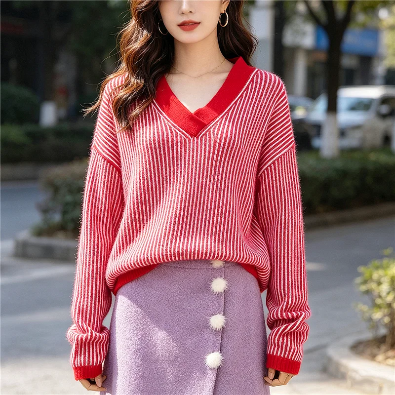 

Ladies Women Spring Autumn Hairy Angora Rabbit Hair Knitted Fashion Striped Red Elegant Casual Long Sleeves Loose Sweater Jumper