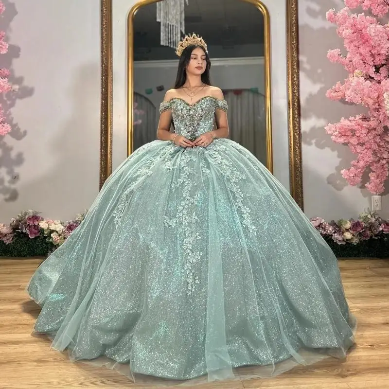 

Мятно-зеленые блестящие милые платья Quinceanera, бальное платье с открытыми плечами, аппликации из бисера, тюлевое платье Vestido De 15 Anos Sweet 16, платье