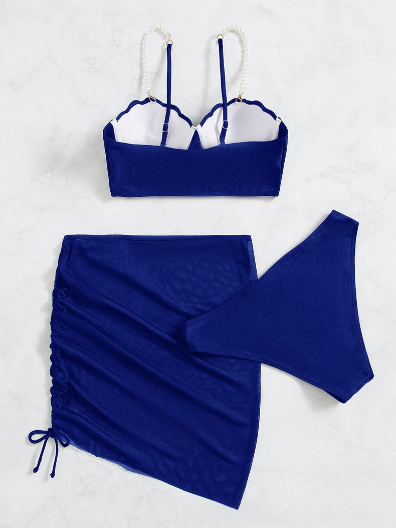Elegant Blue Bikini Set with New Three-piece Sunscreen Swimsuit Design in Blue Pearl Straps  bathing suit women