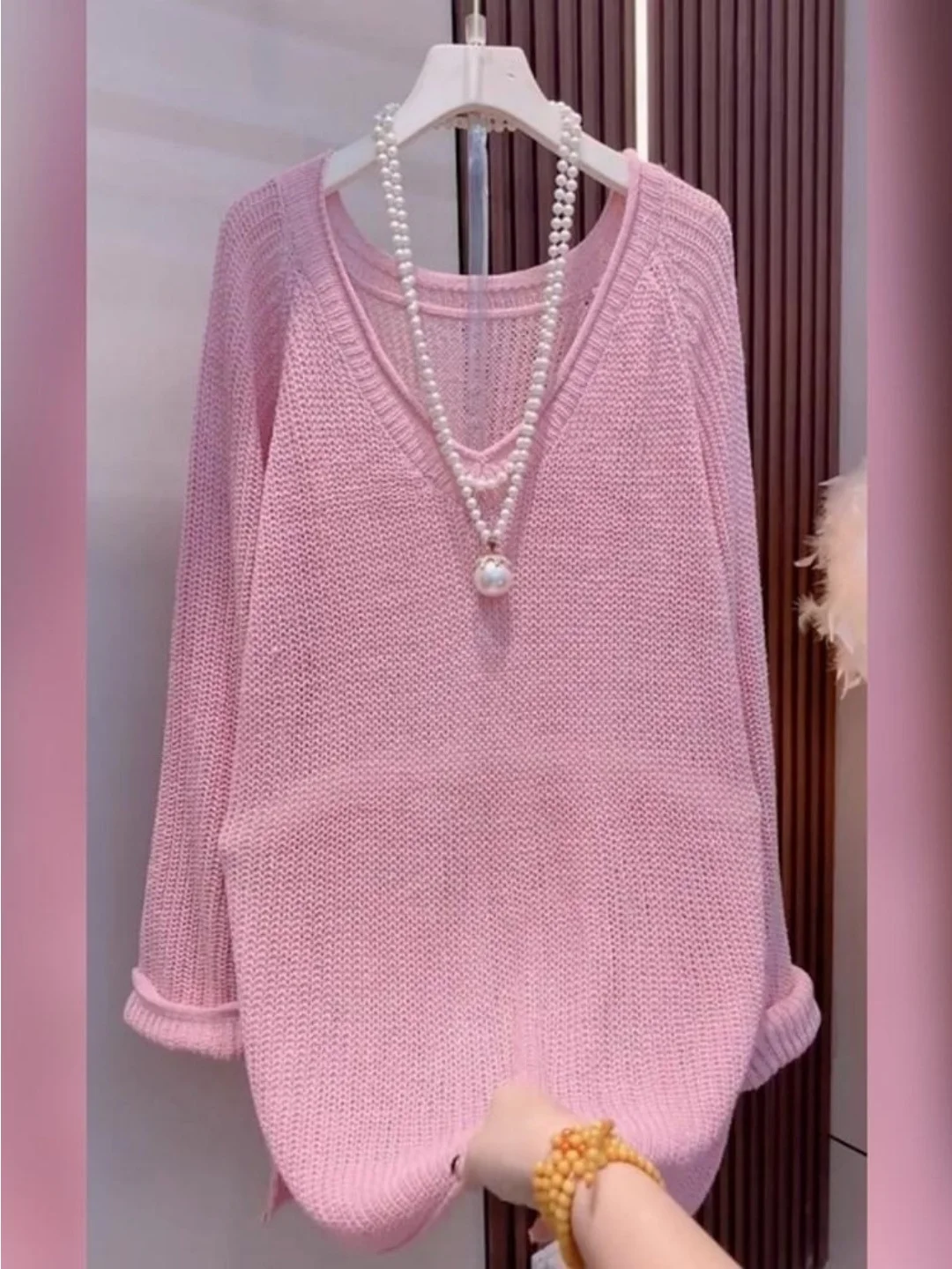 

Ele Color V-Ne Pullover Knitwear Loose Fitting Women's Long T Top Warm Casual Korean Sle plus Size Sweater