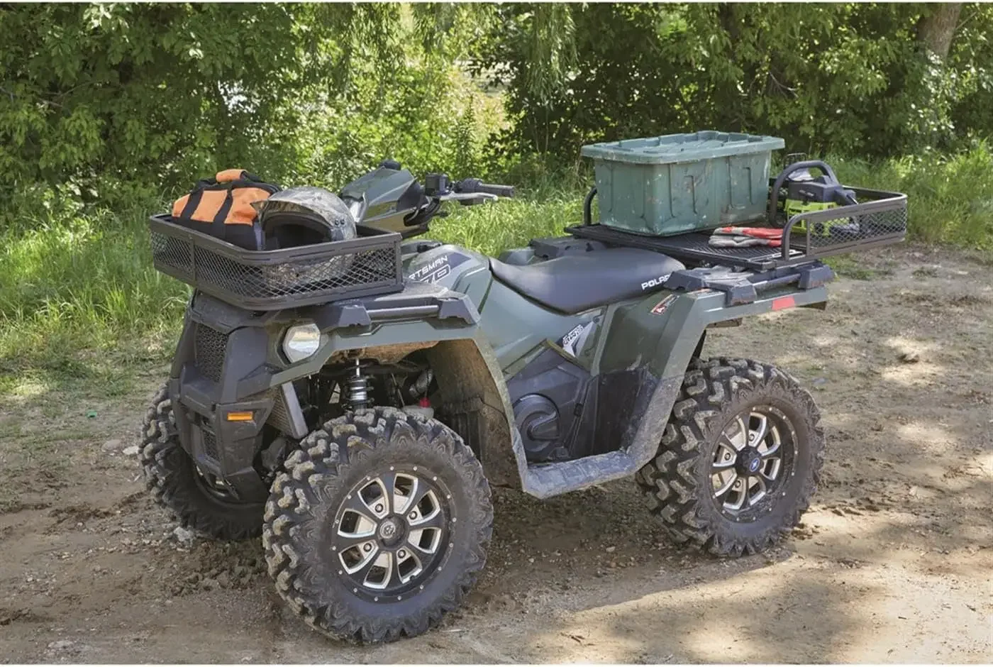 Conjunto universal de cesta de carga dianteira e traseira para ATV, rack de porta-bagagens, malha de aço resistente, 2 peças