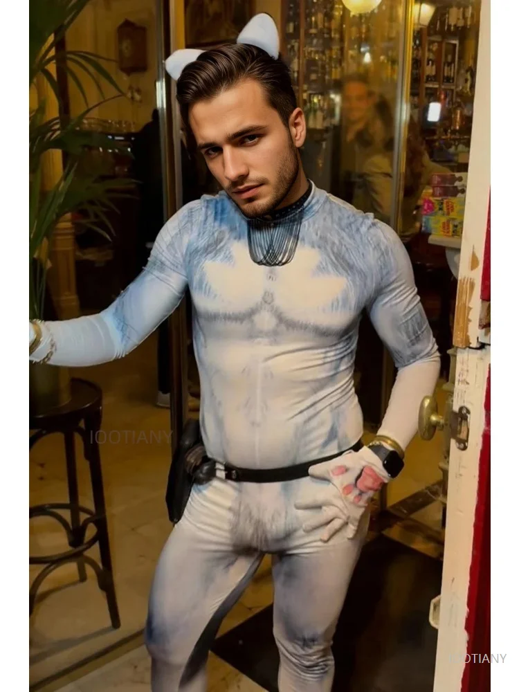 

Animal Fox Cosplay Costume Adult Carnival Gray Wolf Tights Halloween Party Funny Men's Tail Jumpsuit Stage Performance Dress Up