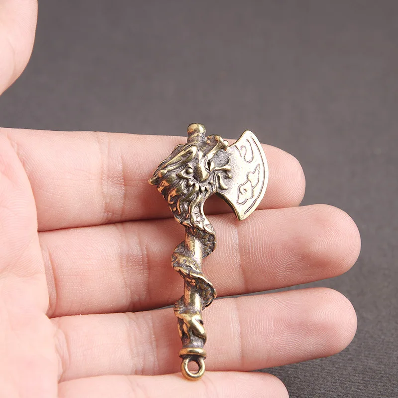 Brass Dragon Axe Car Keychain Pendant Vintage Antique Lucky Keychain Charm Chinese Feng Shui Hanging Jewelry Home Room Decor