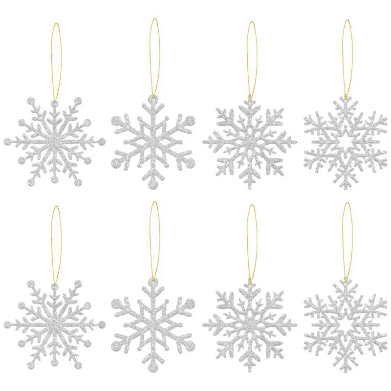 

8PCS Pink Glitter Plastic Snowflake Decorations Christmas Tree Hollow Snowflake Pendants New Year Party Festival Supplies