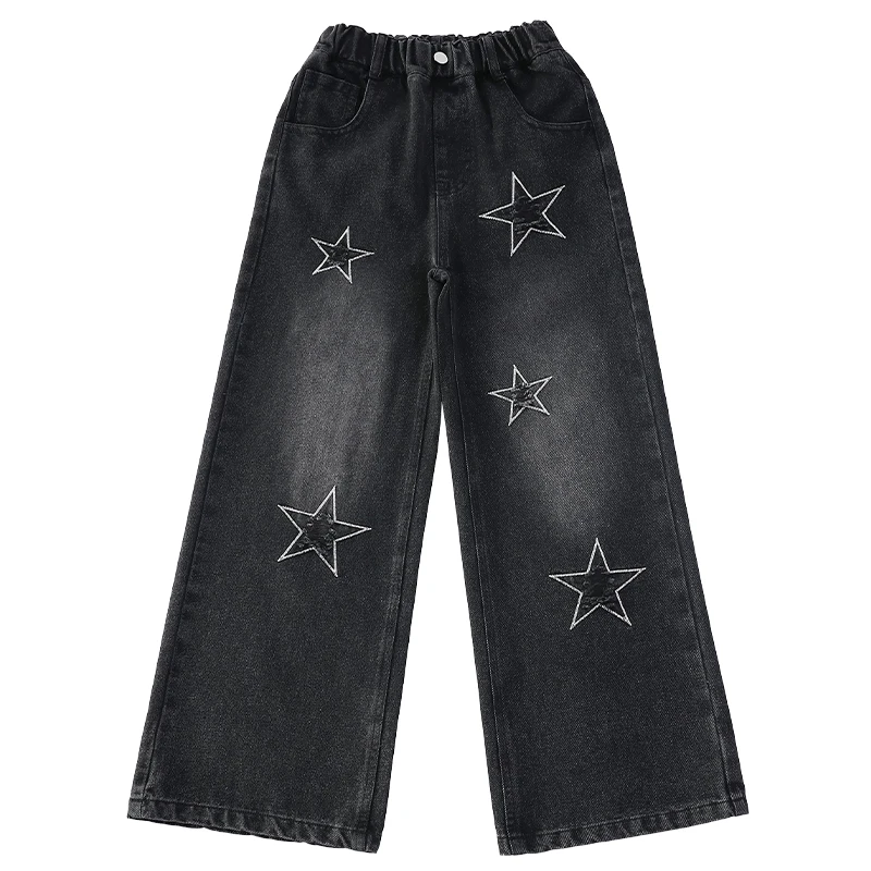 أطفال الخريف مستقيم صالح الجينز الأسود مع نجوم لفتاة توين سن 5 6 7 8 9 10 11 12 13 14 سنة الاطفال أنيق الدينيم السراويل #5