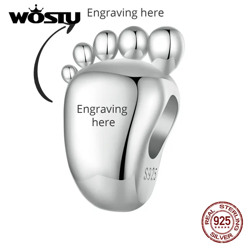 WOSTU 925 Sterling Silver Lovely Baby Footprint Charms Customizable Family Beads Fit Original Bracelet DIY Newborn Jewelry Gift