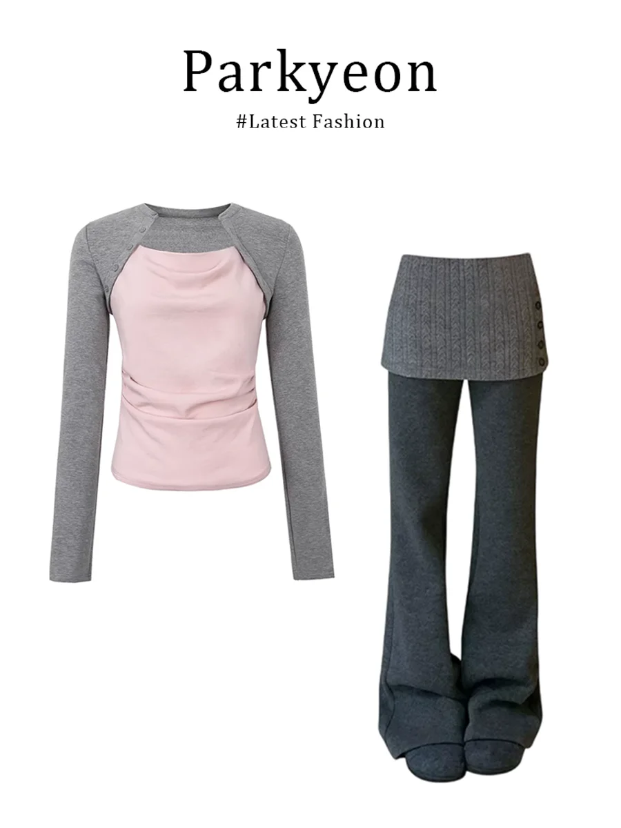

Parkyeon Long Sleeve T-Shirt Set Women's Slim Fit Casual Style Outerwear High Waist Pants Two-Piece Suit Winter Fashion