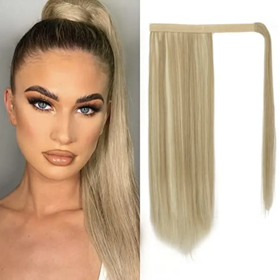 

Straight Wrap Ponytail Extension - 18 Inch Long Straight Wrap Around Ponytail for Women - Synthetic Blonde Clip in Ponytail Hai