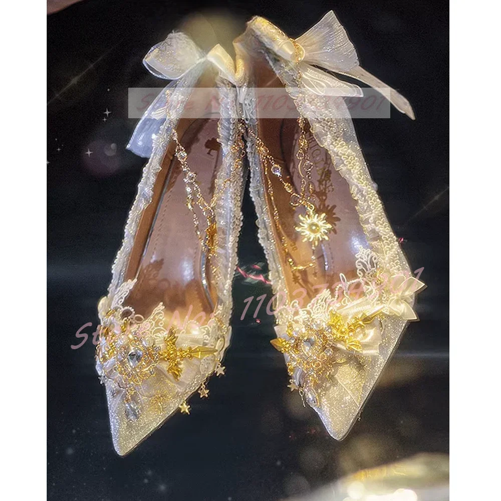 

Bling Crystals Lolita Pumps Girl Party Wedding Butterfly-Knot Pointy Toe High Heels Shoes Women Big Size Fashion Slip-On Pumps