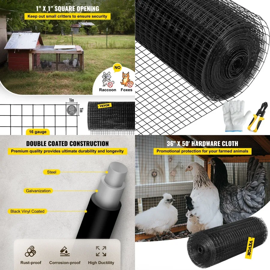 

VEVOR Hardware Cloth 36" x 50' and 1"x1" Mesh Size Gaanized Steel Vinyl Coated 16 Gauge Chicken Wire Fencing w A Cutting Plier