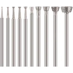 10 Pcs Inverted Trapezoidal Shape Diamond Burr Set, 3/32'' Shank Diamond Mounted Stone Carving Bits for Rotary Tools