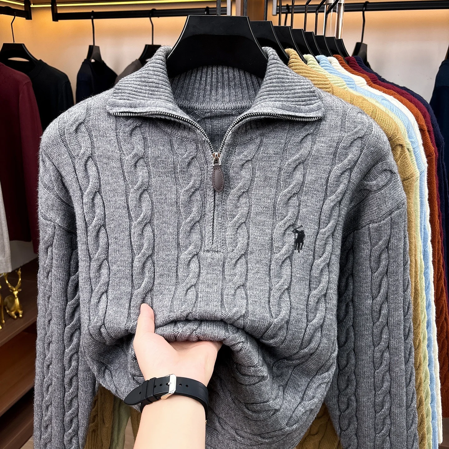 Herbst Winter Neuer Pullover Klassische Mode Jacquard Herren Retro Reißverschluss Stehkragen Luxus Paul Pony Stickerei Lässiger Strickpullover – Detail 19