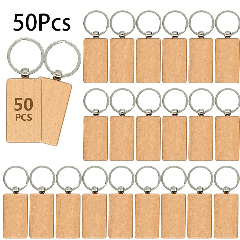 

50Pcs Wooden Keychain Blanks Unfinished Rectangle Wood Key Tag Wood Key Ring for DIY Gift Crafts