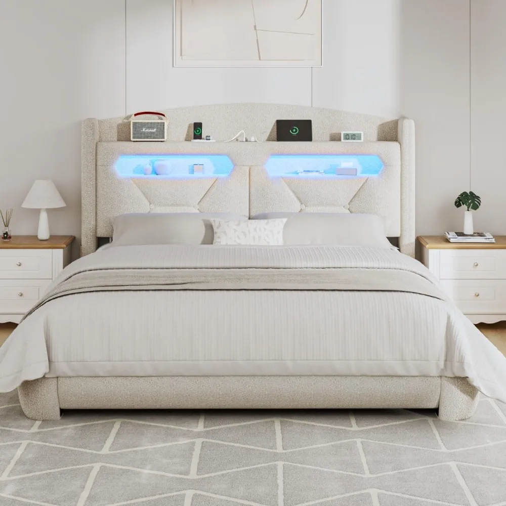 إطار سرير بحجم كوين مع لوح رأسي، إطارات سرير بمنصة منجدة مع أضواء LED لمحطة شحن التخزين، سميكة ناعمة