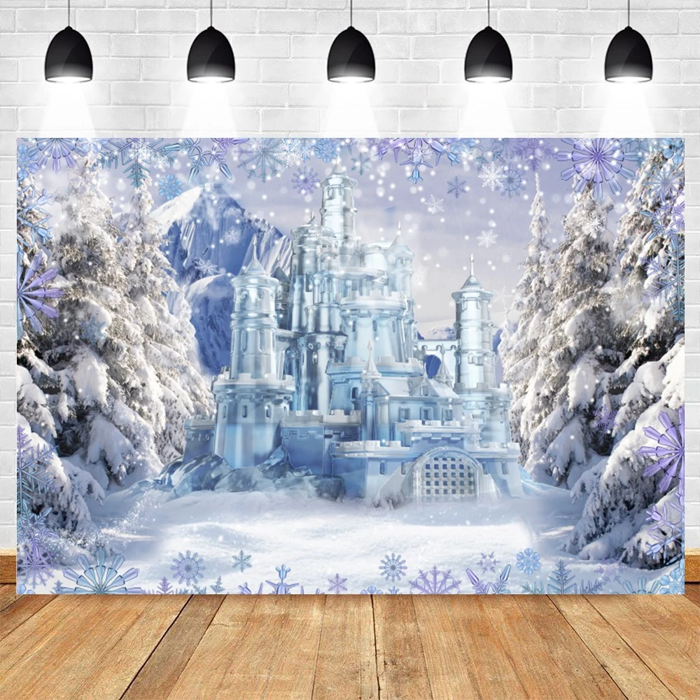 Snow Castle Backdrop Snowflake Ice Pine Trees Forest  Winter Princess Birthday Party Kids Portrait Photorgaphy Background Decor