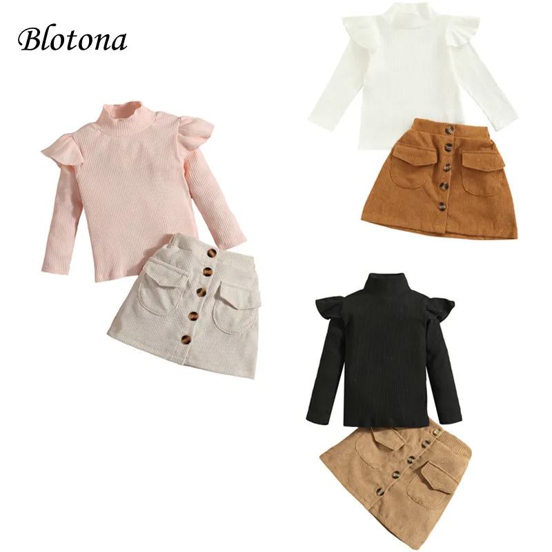 

Blotona Girls Corduroy Skirt Set, Long Sleeve Turtleneck Ribbed Solid Color Tops High Waist Buttoned Skirt with Pockets, 18M-6Y