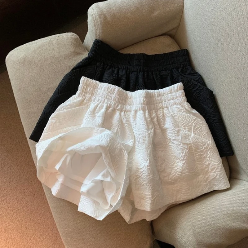 Black White Jacquard Shorts Women 2024 Summer Elastic High Waist Pockets Wide Leg Shorts Woman Loose Streetwear Half Pants