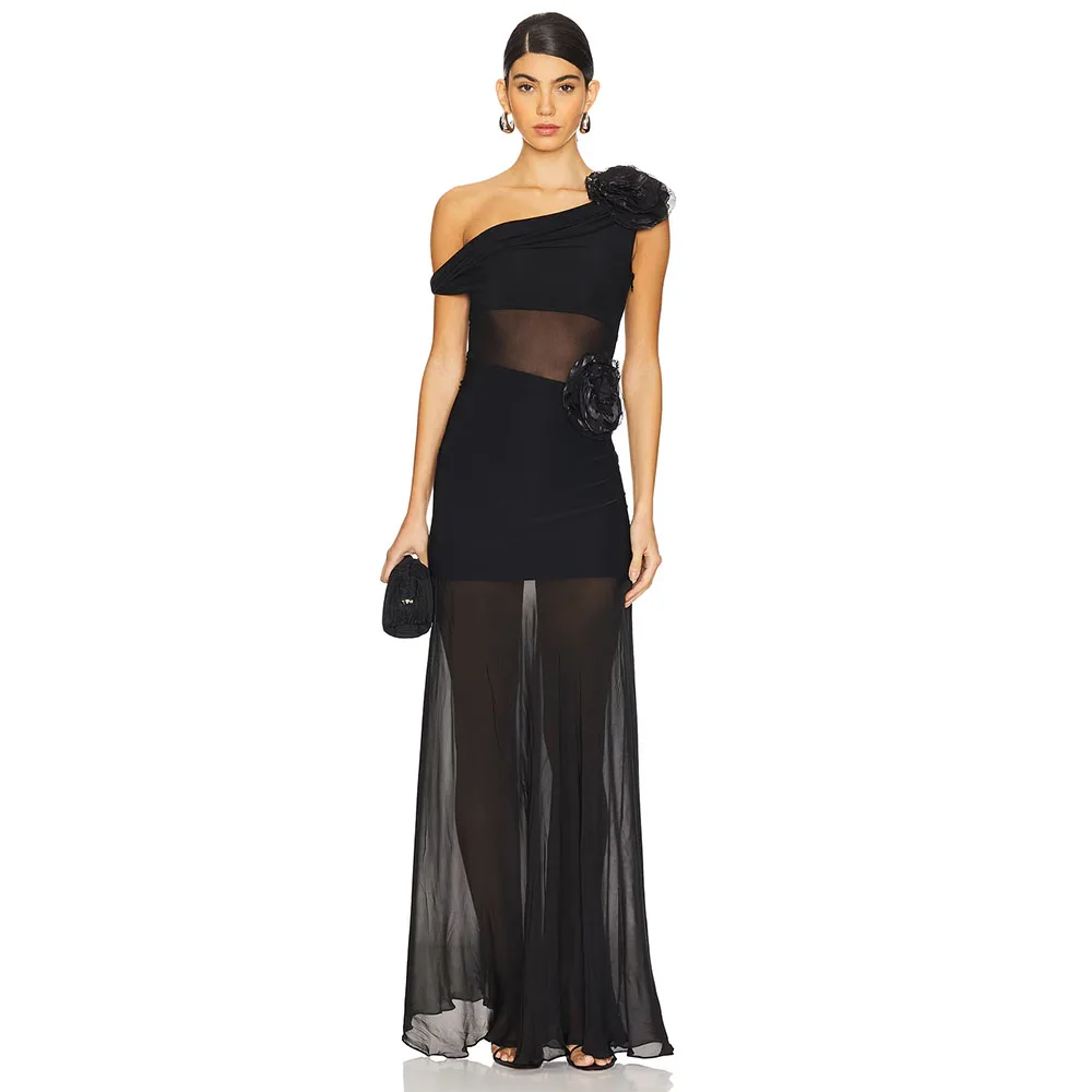 Une épaule noir Illusion femmes robe de soirée sirène robe de bal sans manches formelle longueur de plancher robe de soirée avec des fleurs
