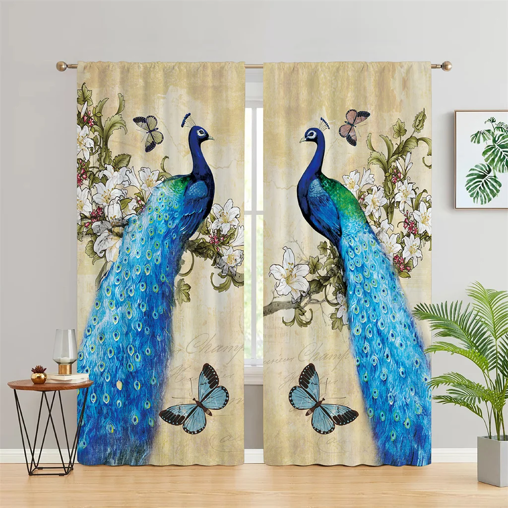 Vintage Peacock Blue Flowers Butterfly Aninmal 3D Digital Printing Thin Hall Window Curtains For KidsBedroom Living Room 2Panels