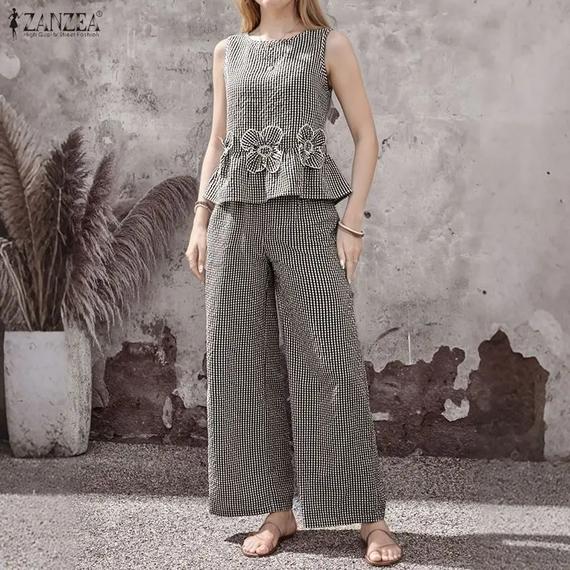 Conjuntos de 2 Piezas Elegantes de Verano ZANZEA para Mujer, Tops sin Mangas a Cuadros, Pantalones Anchos, Conjuntos de Pantalones de Trabajo Elegantes para Oficina, Traje Deportivo 2026