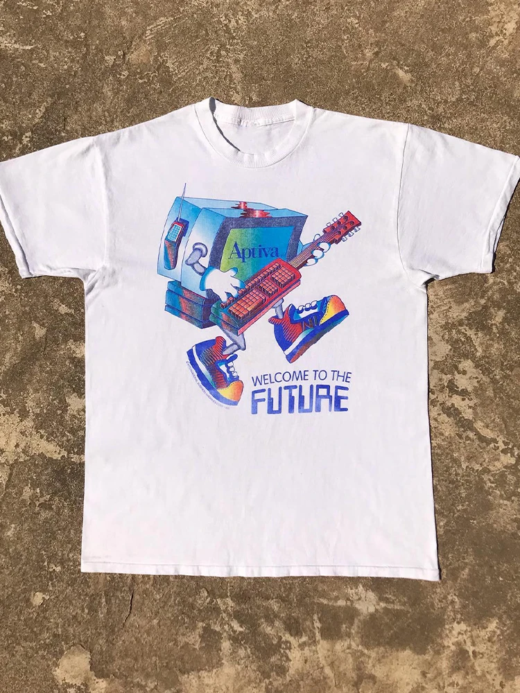Olschool College Style Computer Print Short Sleeve Cotton Tshirt Unisex Heavyweight Cityboy Trendy Streetwear Summer Top
