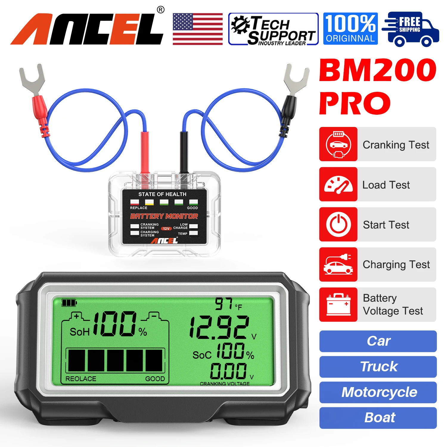 ANCEL BM200 PRO LED 배터리 테스터 모니터 디스플레이, 배터리 건강 SOH SOC 테스터 분석기, 충전 테스터 도구, 12V 배터리용