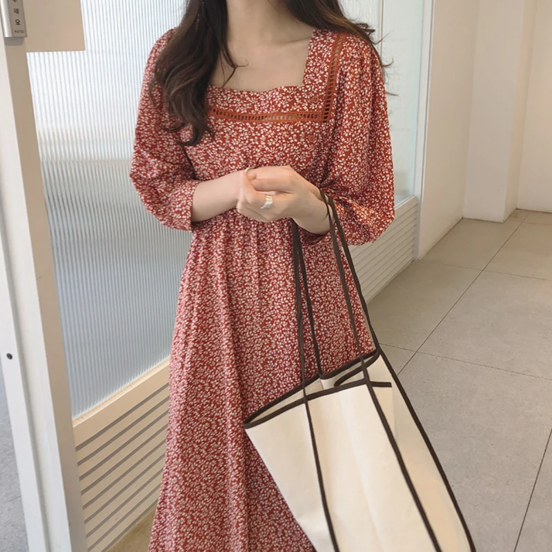 Chique lente vintage zoete vierkante kraag met bloemmotief, slanke pasvorm, lange mouwen, Koreaanse stijl, hoge taille