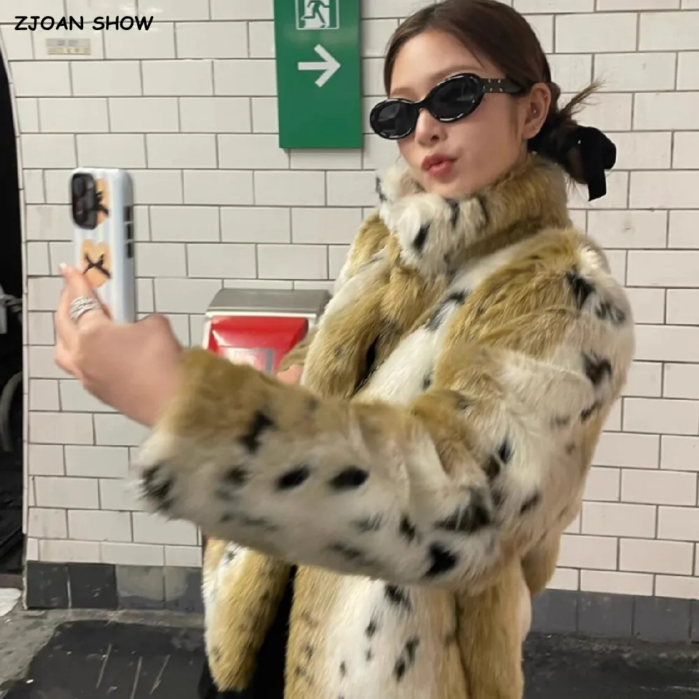 

Зимнее винтажное пальто контрастного цвета с леопардовым принтом, лохматое пальто из искусственного меха, воротник-стойка, пушистая теплая куртка с длинными рукавами, модная верхняя одежда
