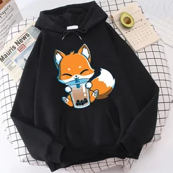 Boba Milk Tea Print Women Hoodies Clothes Kawaii Women's Sweatshirt Cartoon Fox Graphic Female Streetwear Unisex Hooded Pullover