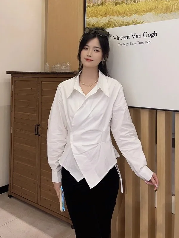 

Элегантная белая женская рубашка с длинным рукавом в корейском стиле, модная, для ранней осени, с эффектом утяжки талии, премиум-класса