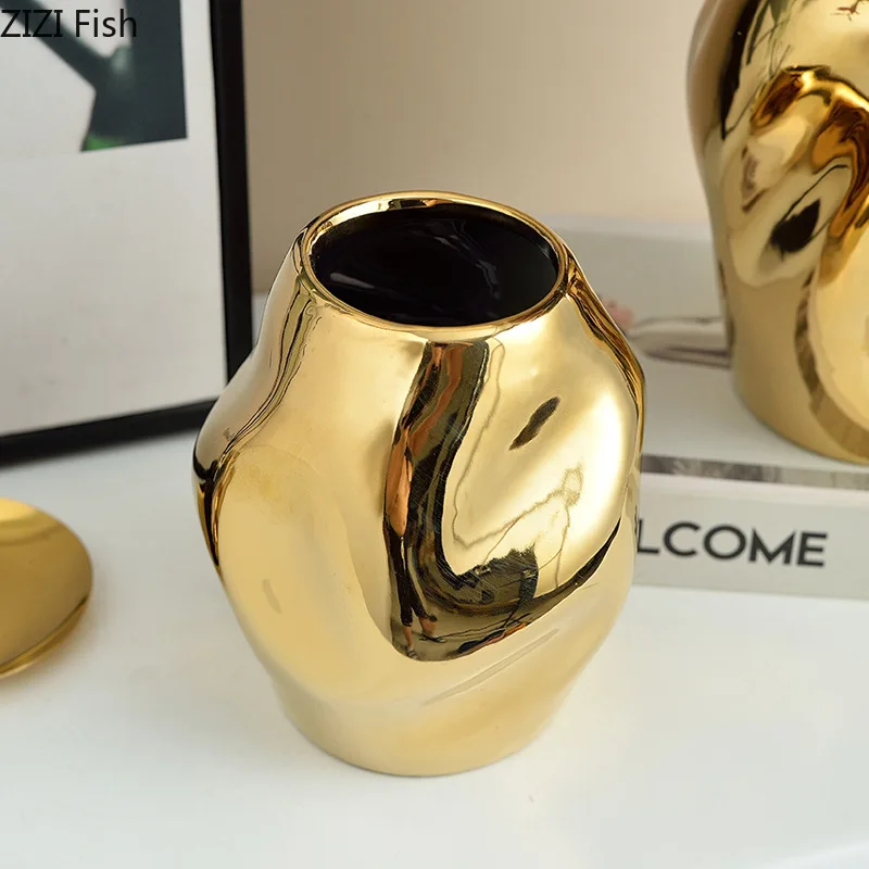 Irregular Abstract Ceramic Vase Gold Plated Potted Plants Desk Decoration Flowers Pots Decorative Flower Arrangement Floral Vase