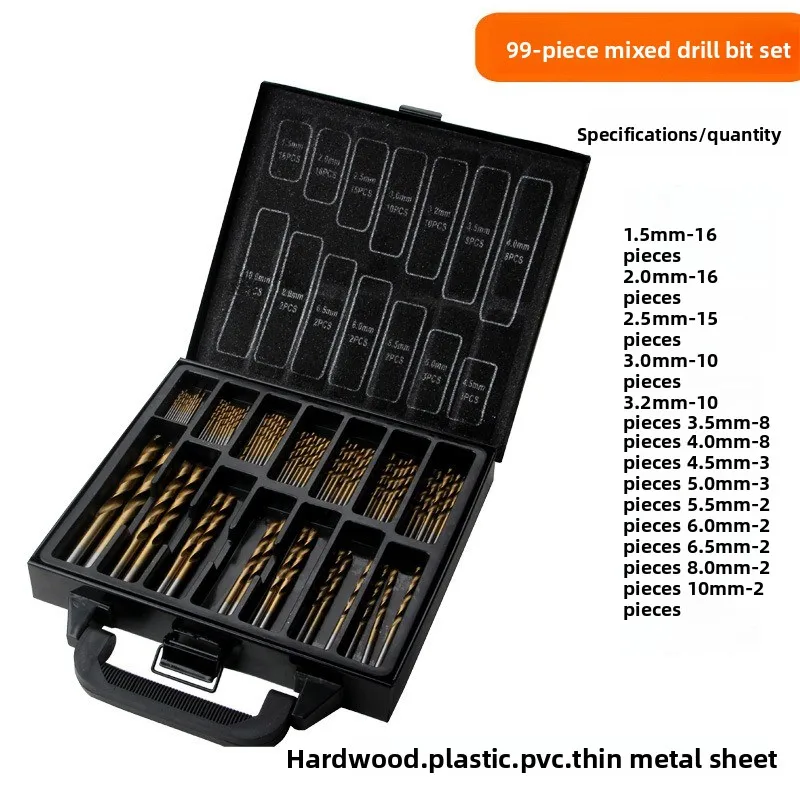 

HSS 4241 Titanium Plated Drill 99 Pieces Set Twist Drill, Drill Bit 99pcs 1.5mm-10mm, Corrosion and Antioxidant
