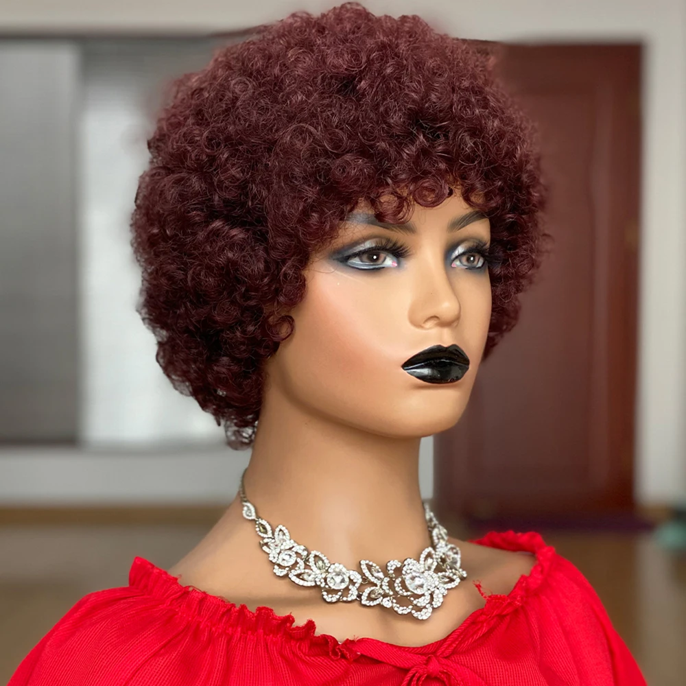 Afro Kinky Curly Wigs With Bang Short Bob Human Hair Wig 150% Density Full Machine Made Wigs For Black Women 30#99J#1B