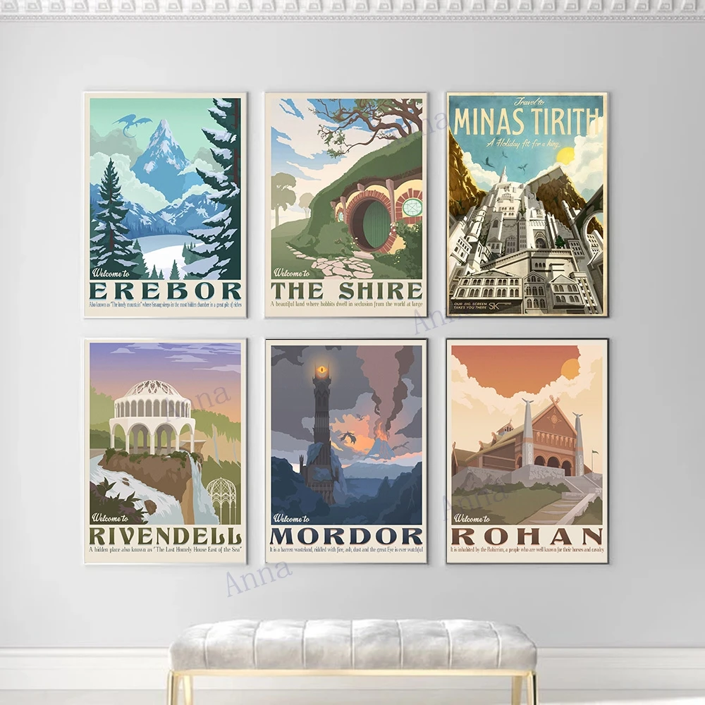 Canvas Painting Nordic Vintage Travel Poster and Prints Tolkien Middle Earth Landscape LOTR Art Wall Pictures Living Room Decor