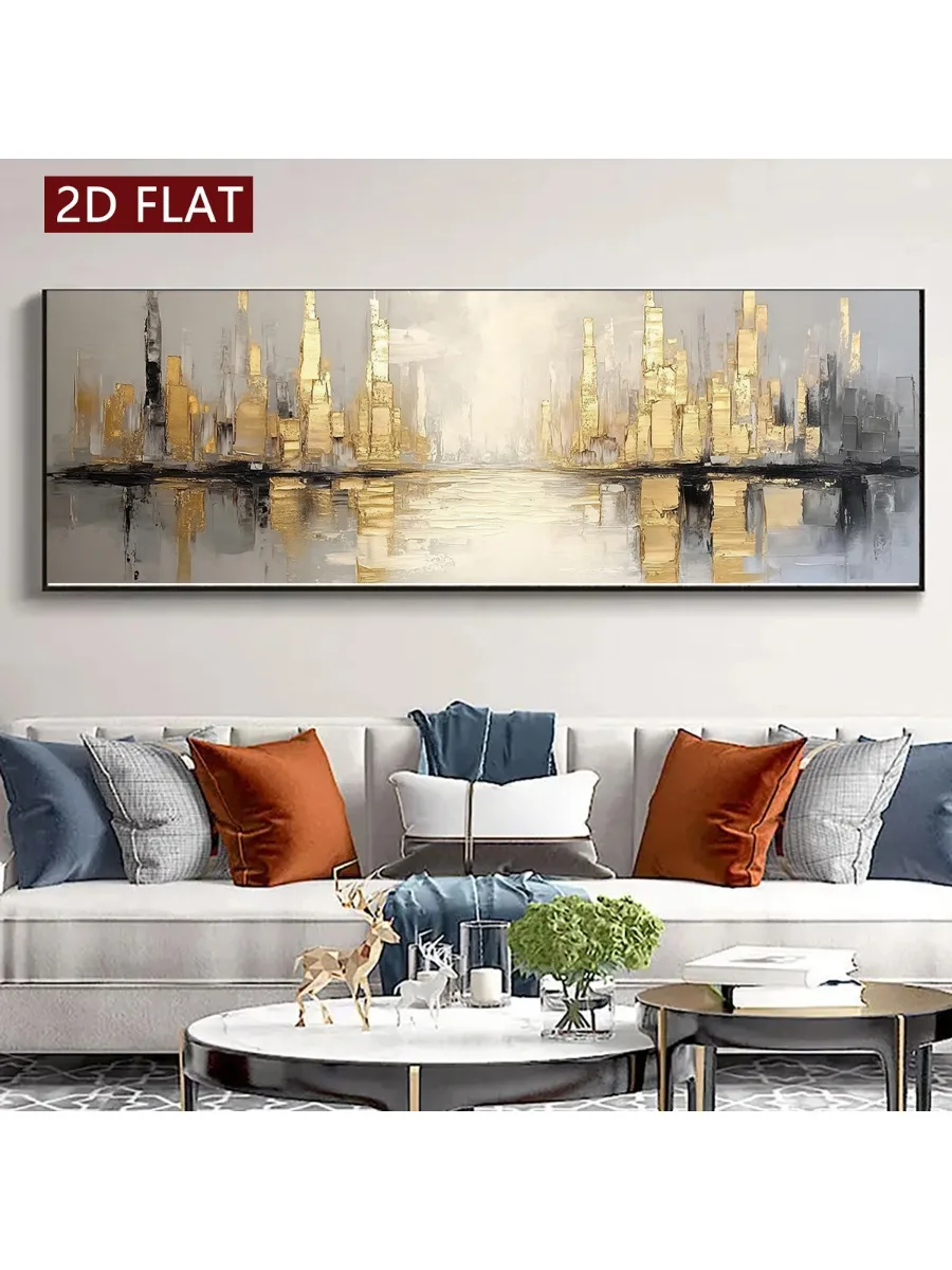 2D Flache Extragroße Abstrakte Goldene Stadt-Skyline Leinwand-Wandkunst Rahmenlose Moderne Minimalistische Leinwanddrucke für Wohnzimmerdekoration