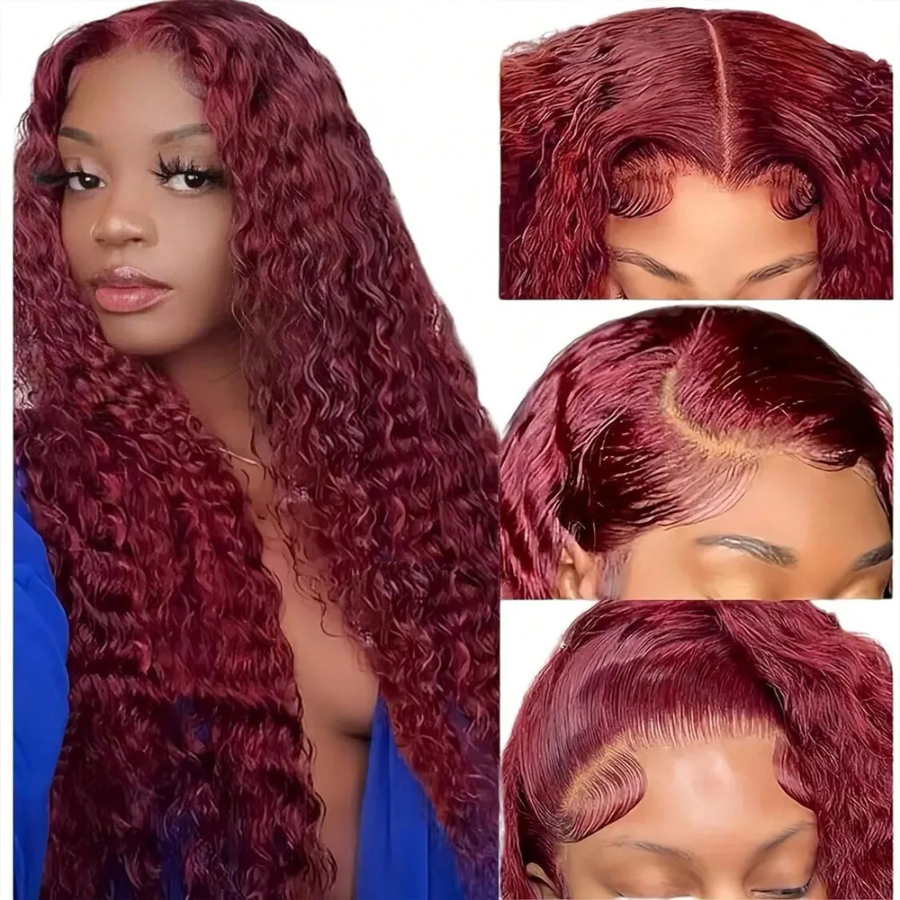 200% Density 99J 13x4 HD Lace Front Human Hair Wigs Burgundy 34Inch Deep Wave Peruvian Curly Glueless Lace Frontal Closure Wigs