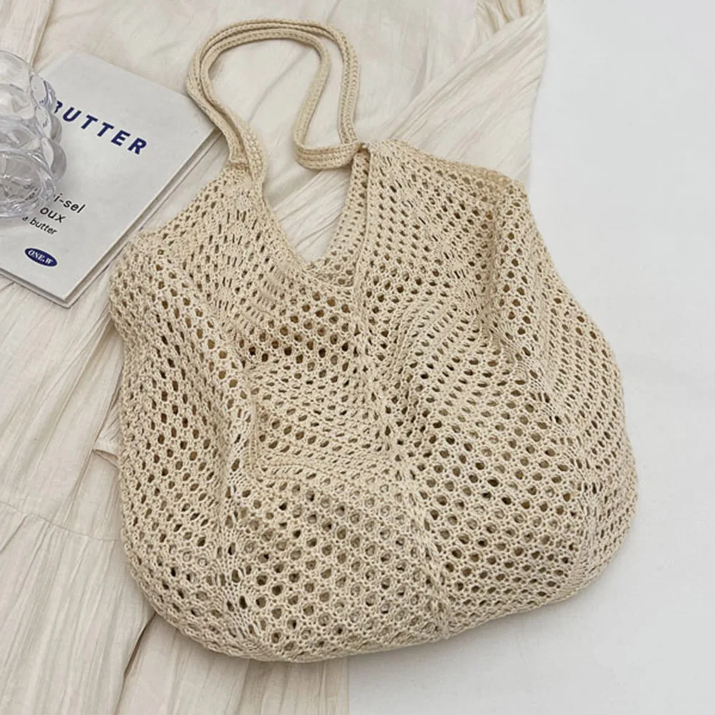 

Women Knitting Shoulder Bag Solid Color Crochet Mesh Bag Large Capacity Knitted Tote Handbag Female Outdoor Bag
