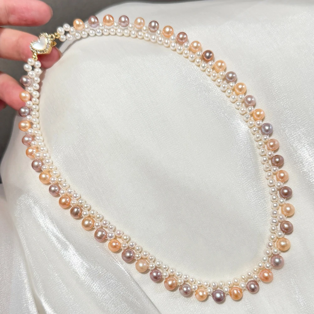 Mixed-color Design Hand-knitted Real Pearl Collarbone Necklace with 3-6mm Freshwater Pearls and Natural Shell Heart-shaped Clasp