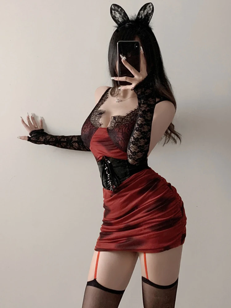 

loween Sexy Lace Bodycon Dr Strapl Skirt Women's Pure Desire Slimming Tight Fit V-ne Spring Summer Autumn