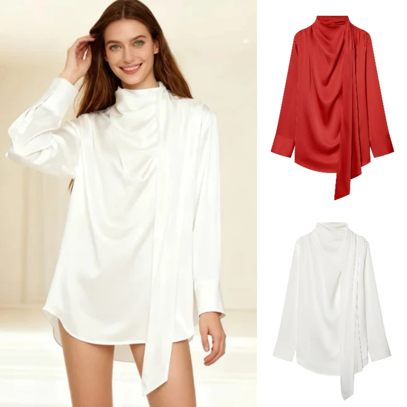 

High-Street Chic Women's Solid Color Tie-Front Blouse – 2025 Autumn/Winter New Collection