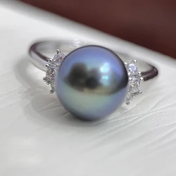 MeiBaPJ 9-10mm Natural Peacock Blue Round Pearl Fashion Ring 925 Sterling Silver Fine Wedding Jewelry for Women
