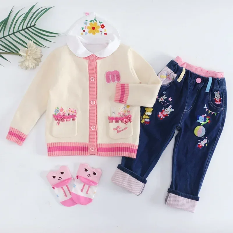 

2023 Sweater Cardigan Baby Girl Kids Cartoon Bunny Garden Embroidery Jacket Knitwear Japanese Autumn and Winter