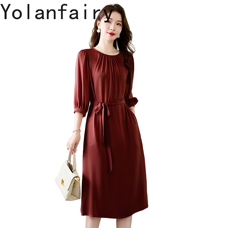 

YOLANFAIRY 19mm 91.8% Real Mulberry Silk Dress Summer 2025 Elegant Office Wear Woman Summer Dresses Lace-up Pink Dress 여름원피스