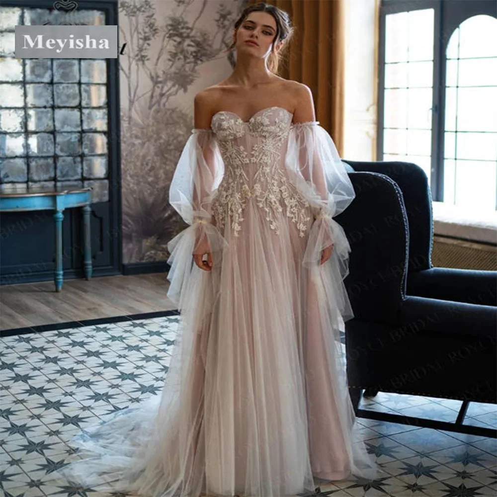 

ZJ9508 Romantic Tulle 3D Floral Appliqué Wedding Dress Detachable Sheer Puff Sleeves Brides Gown vestido de novia boda 2026